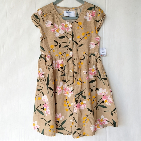 OLD NAVY girls tan floral button front linen blend dress - Picture 8 of 8